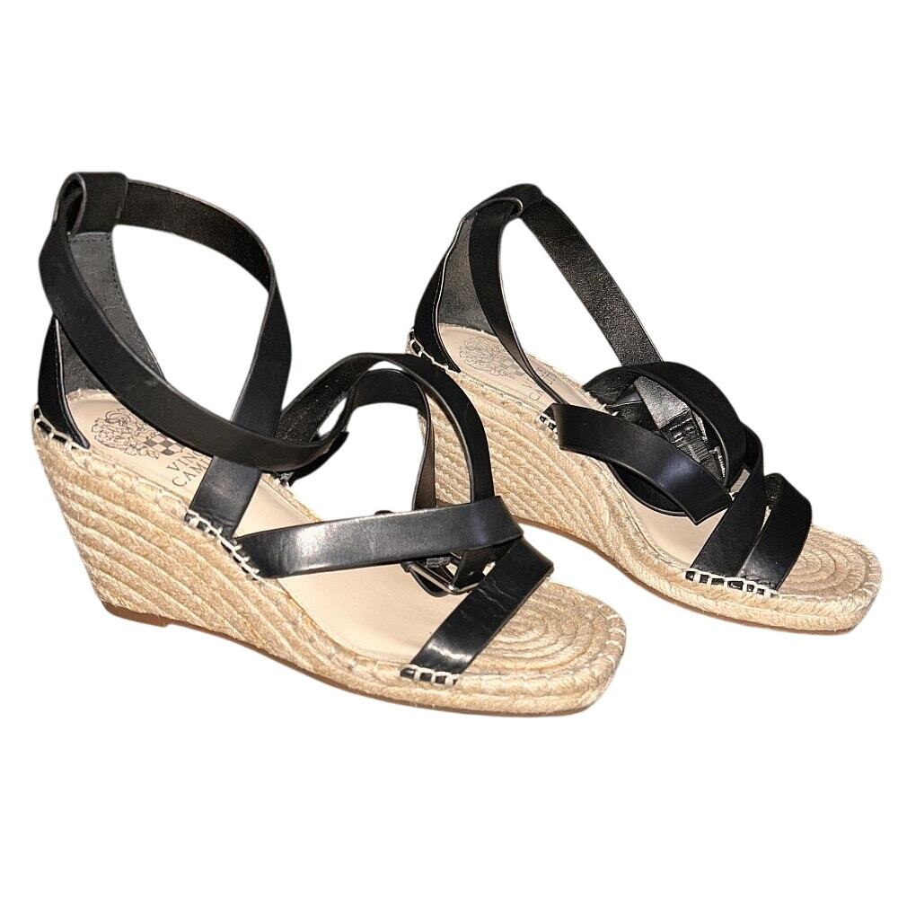 Vince Camuto Mesteria Black Leather Espadrille 3" Wedge Sandals 7 - Picture 2 of 9